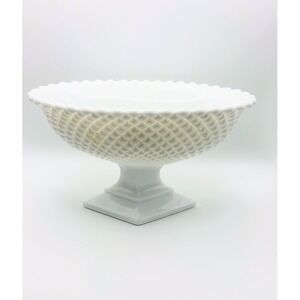 Vintage White Milk Glass Pedestal Bowl Diamond Point Hobnail Scalloped Edge 9.5"
